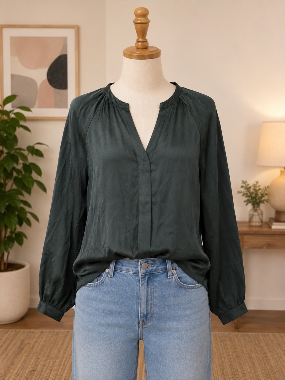 Mango EcoVero Satin Blouse Dark Green Long Sleeve V Neck NWT Size L